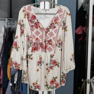 3/4 sleeve Embroidered Peasant Top